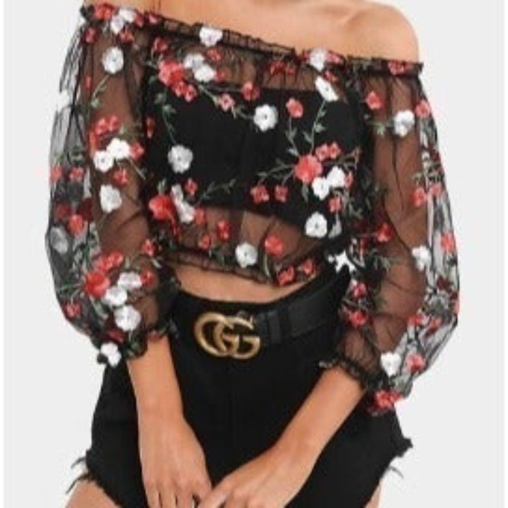 Black Floral Embroidery Mesh Crop Top